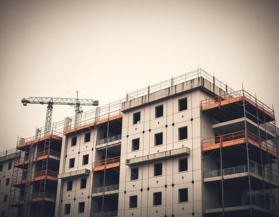 Rohbau eines mehrgeschossigen Gebäudes mit Gerüst und Kran